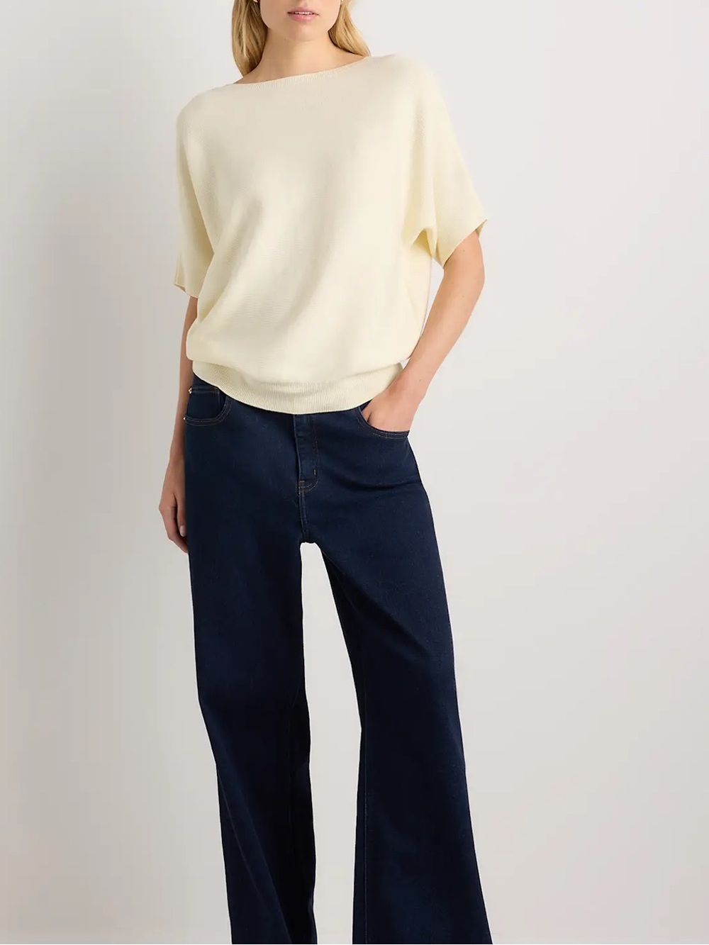 Quince Cream Short Sleeve Crewneck Sweater Top - Picture 3 of 12